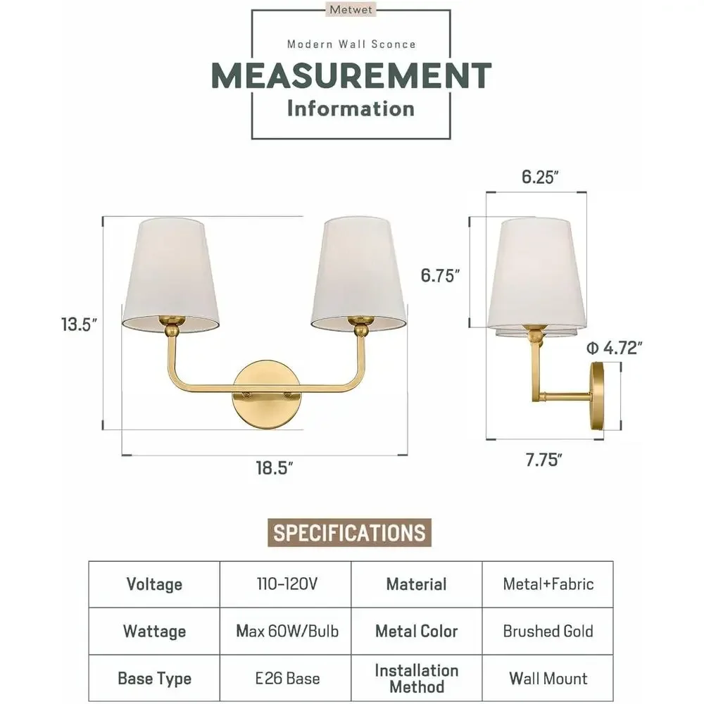 2-Light Brushed Gold Bathroom Vanity Light with White Fabric Shades